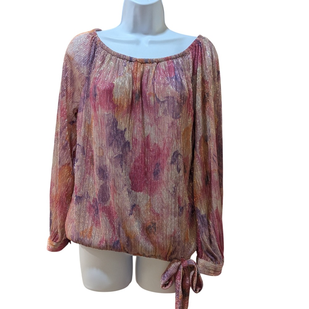 MSK Womens Metallic Floral Pleated Blouse Pink Gold Shimmer Top Medium